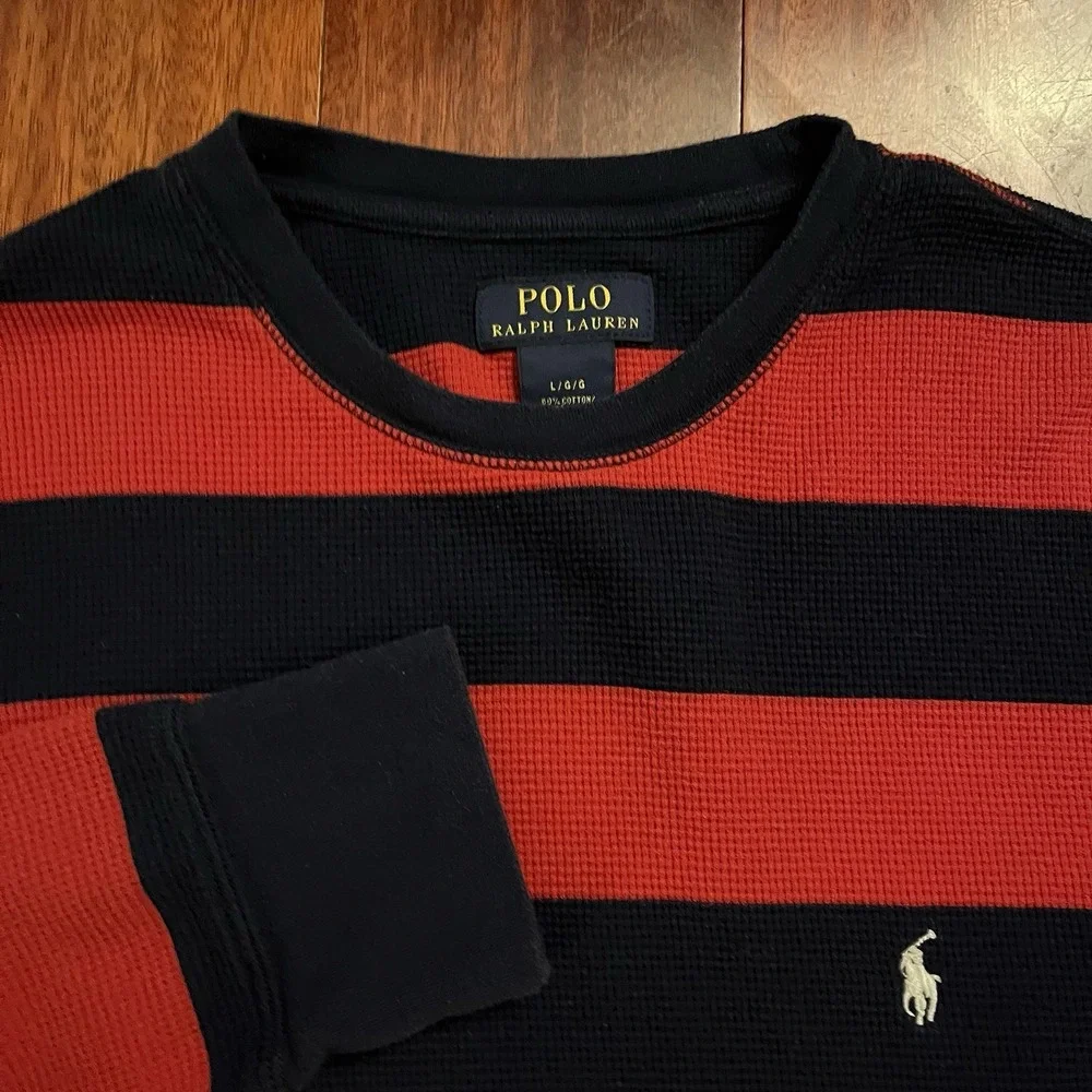 Polo Ralph Lauren Waffle Knit Thermal Shirt Mens Large Red Navy Blue Striped L - Picture 3 of 10